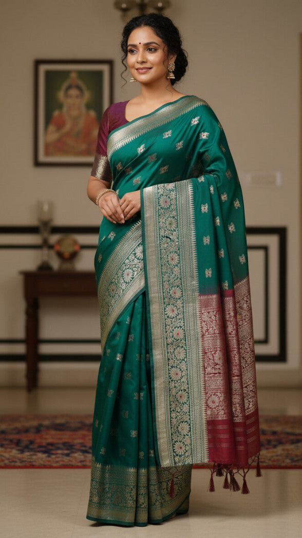 Woman wearing a green and red saree with a traditional setting