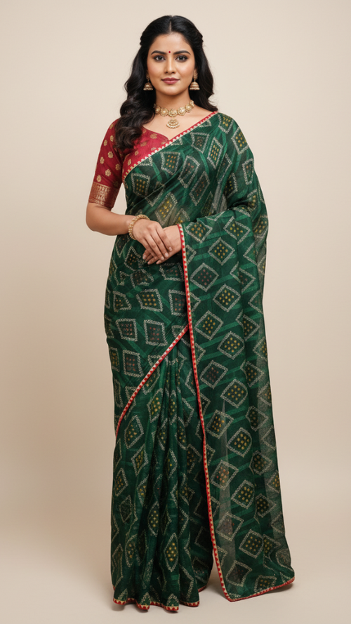Woman wearing a green patterned saree with a red blouse on a beige background