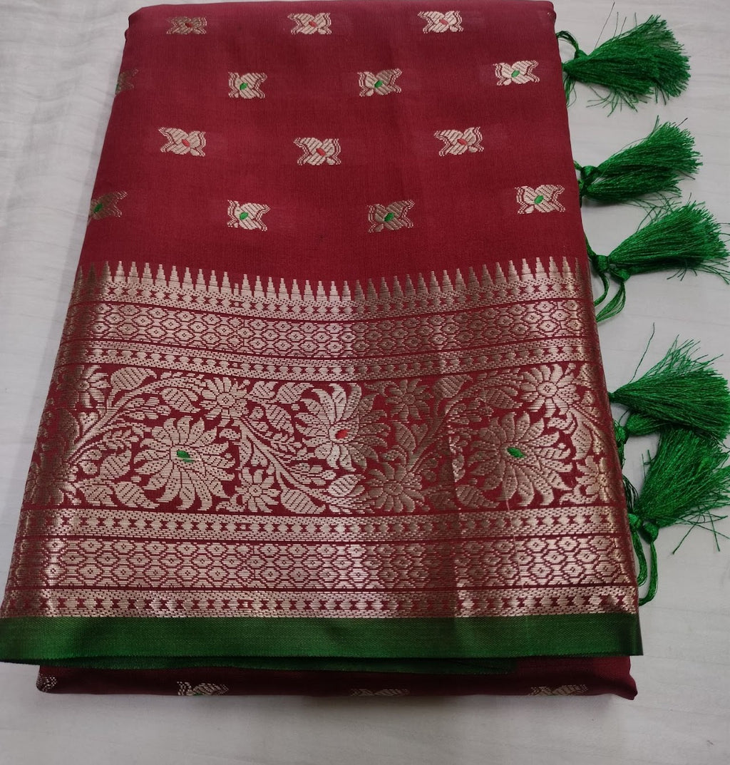 Wine Red Banarasi Silk Saree For Wedding