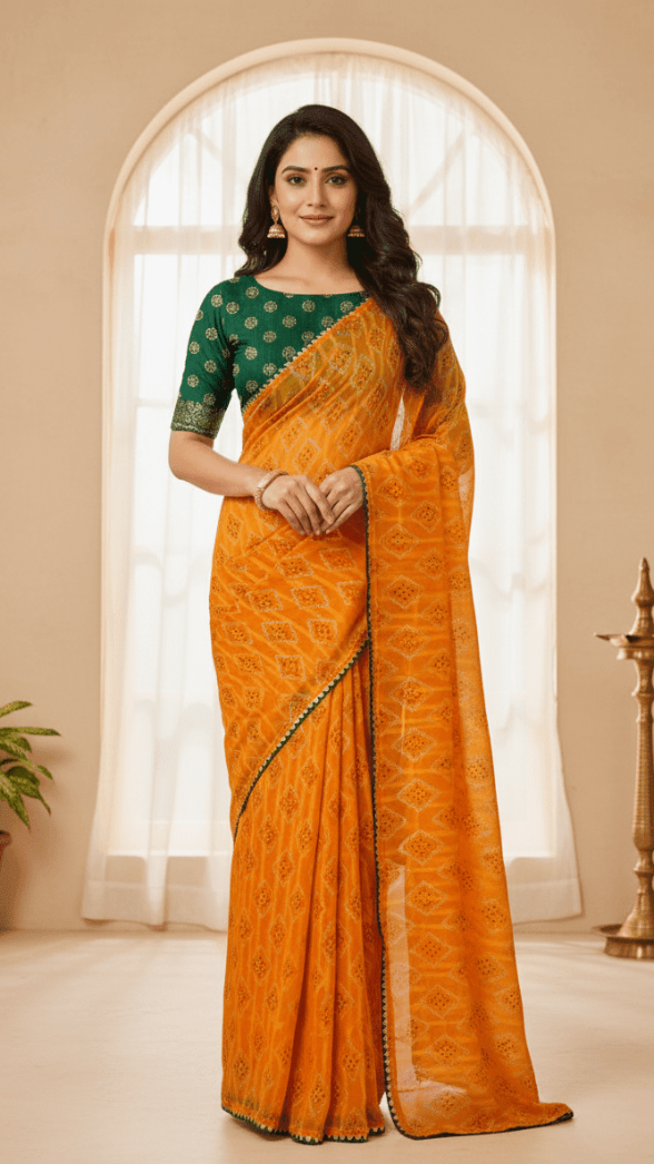 Woman wearing an orange bandhani printed saree with a green blouse in a well-lit room.
