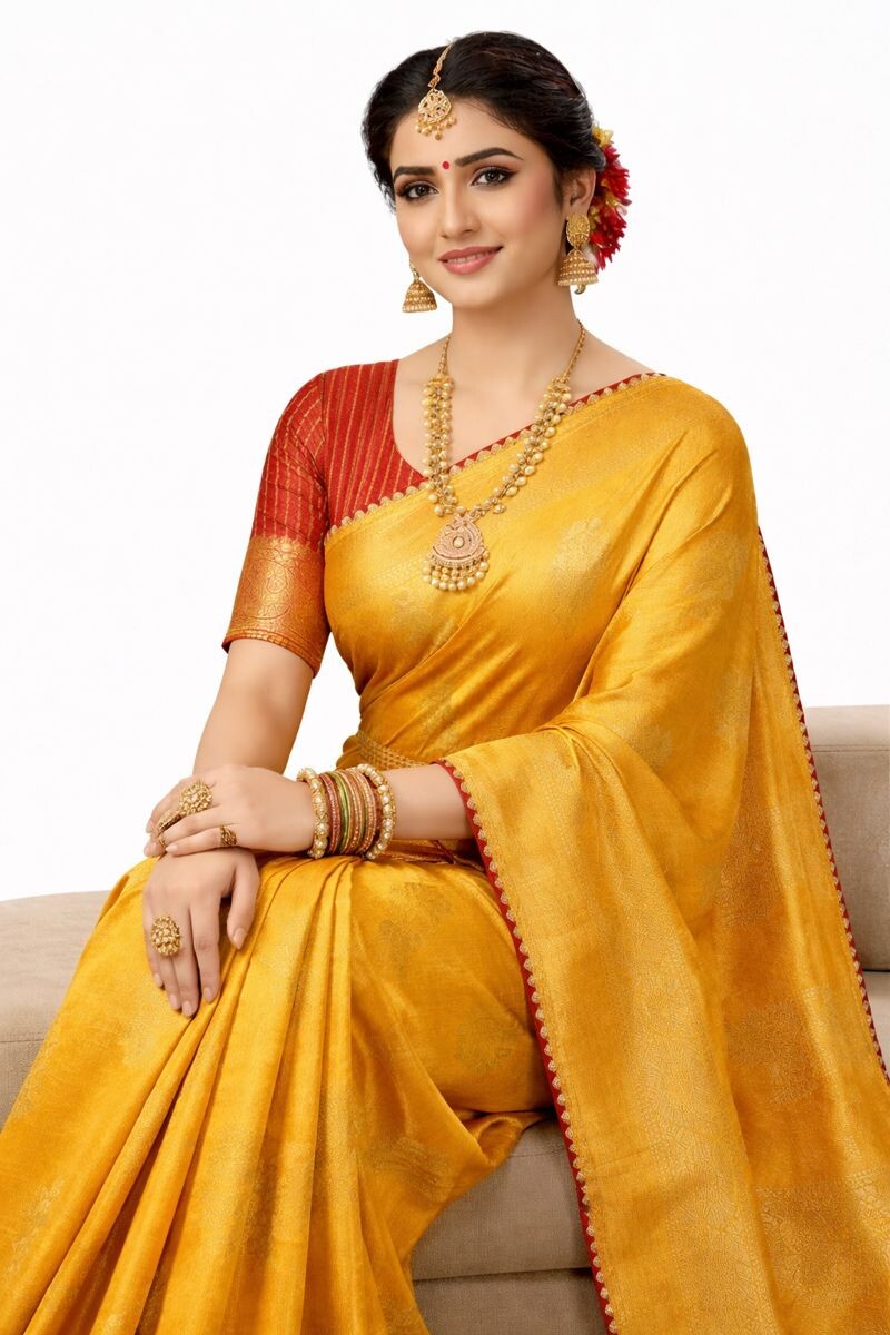 Yellow Vichitra Silk Saree For Women