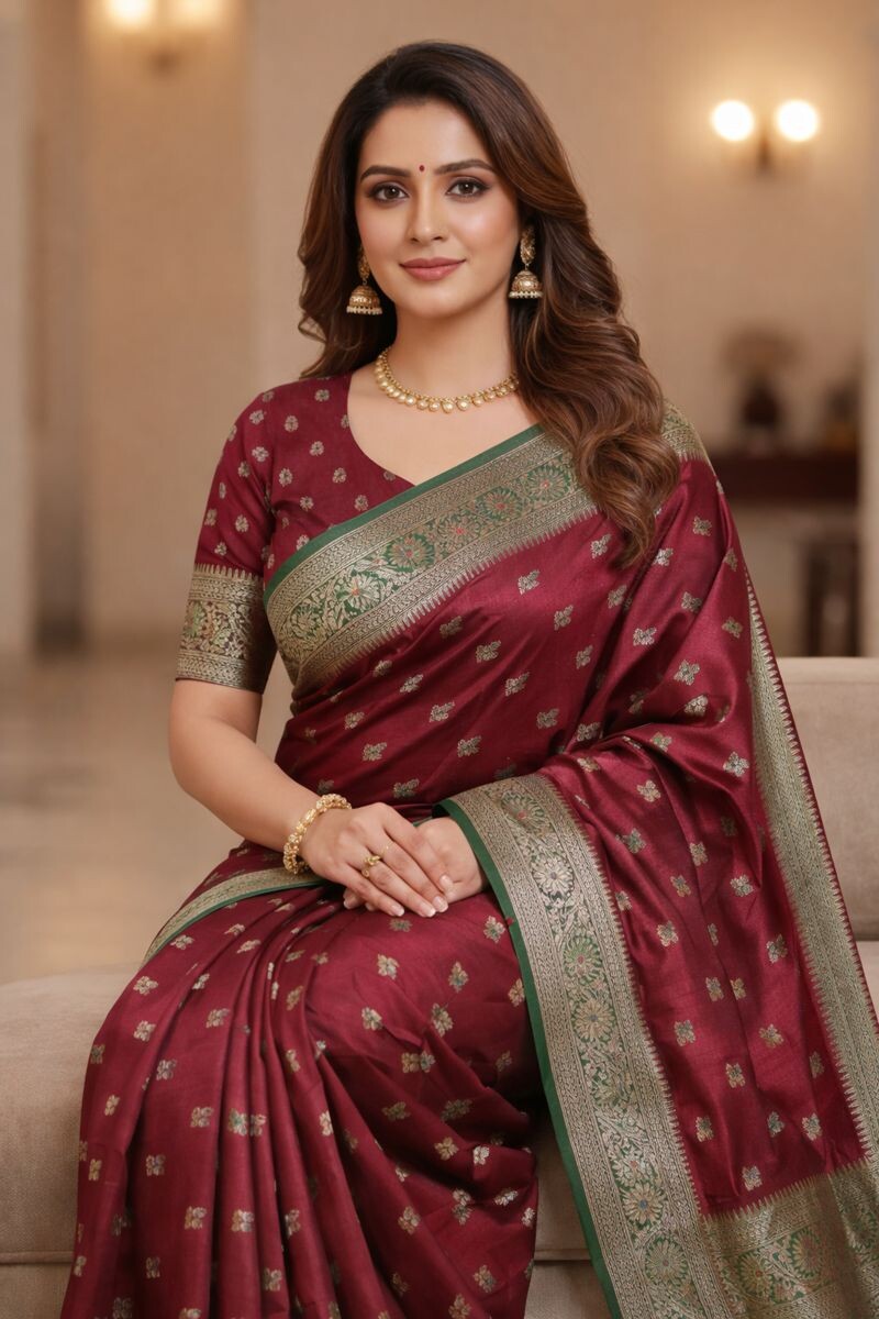 Wine Red Banarasi Silk Saree For Wedding