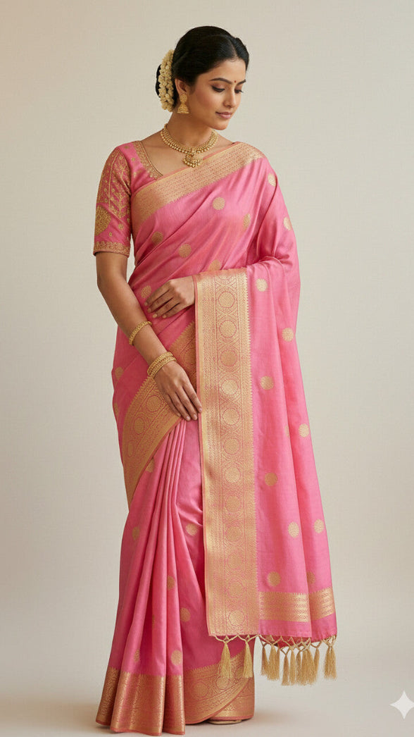 Woman wearing a pink saree with gold border on a plain background
