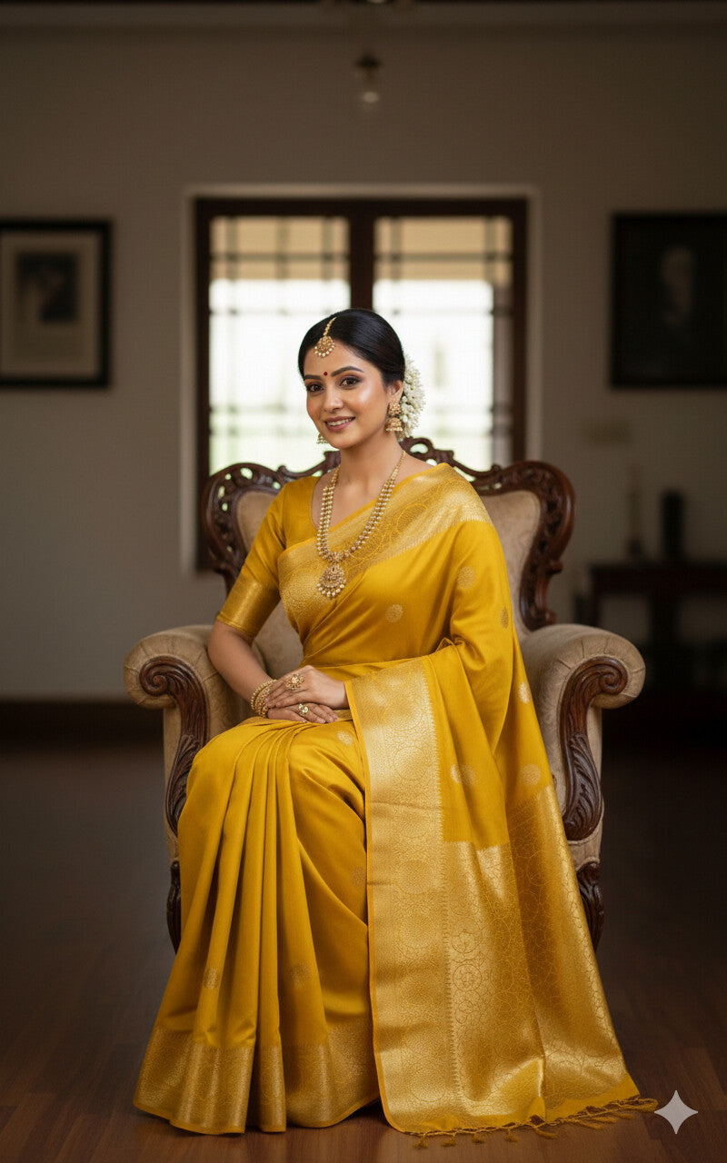 Metallic Mustard Bangalore Silk Saree For Wedding