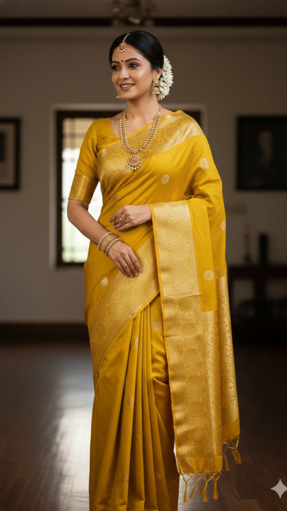 Woman in a yellow saree with gold border indoors