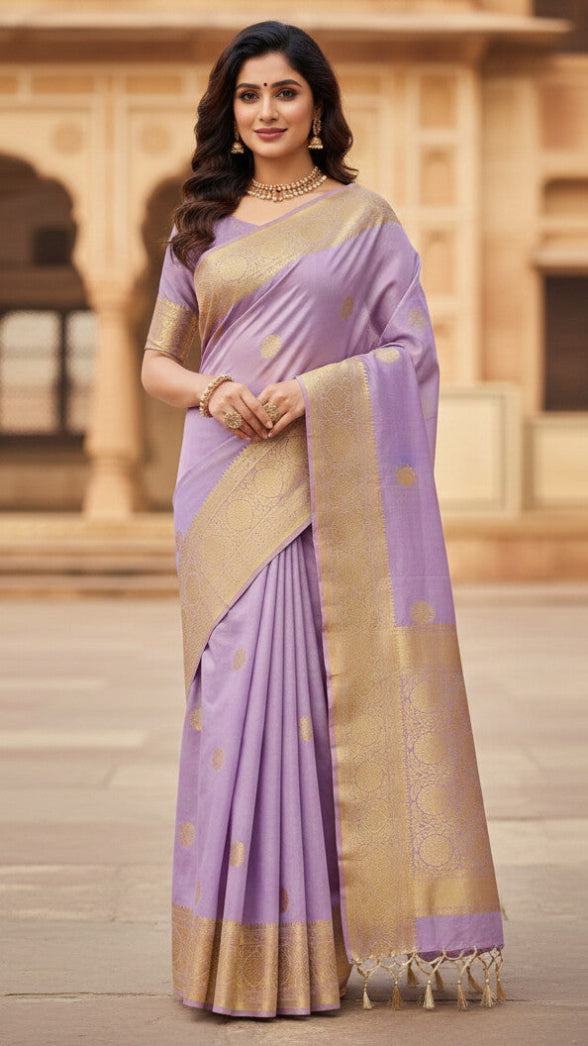 Woman wearing a lavender saree with gold border in front of a beige wall.
