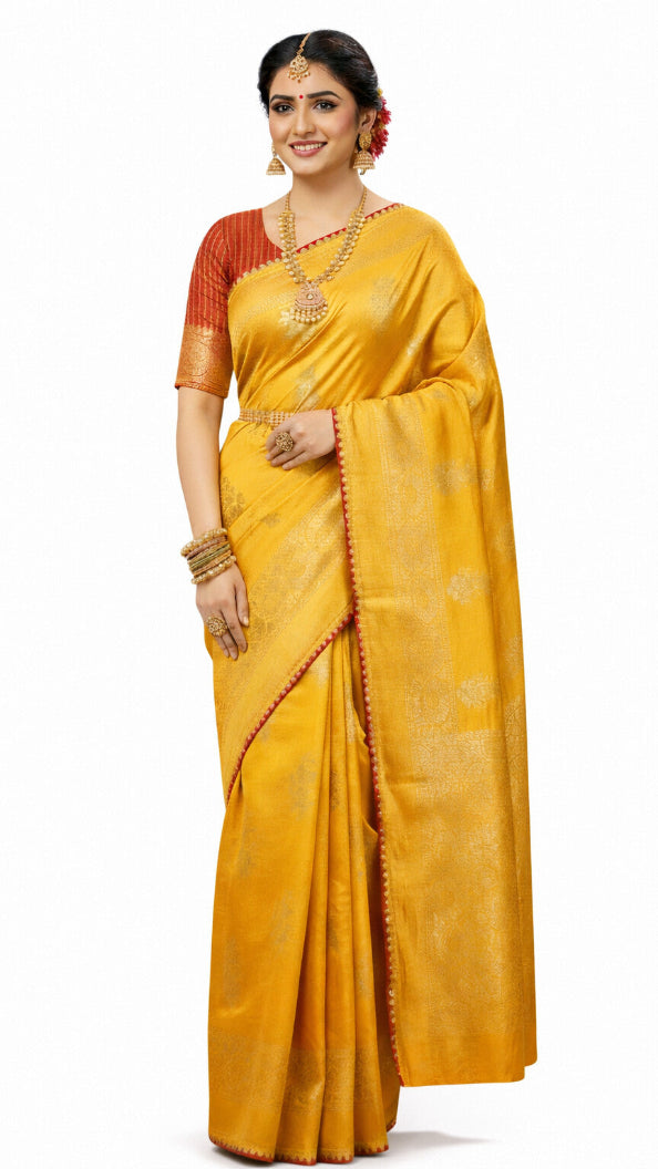 Yellow Vichitra Silk Saree For Women