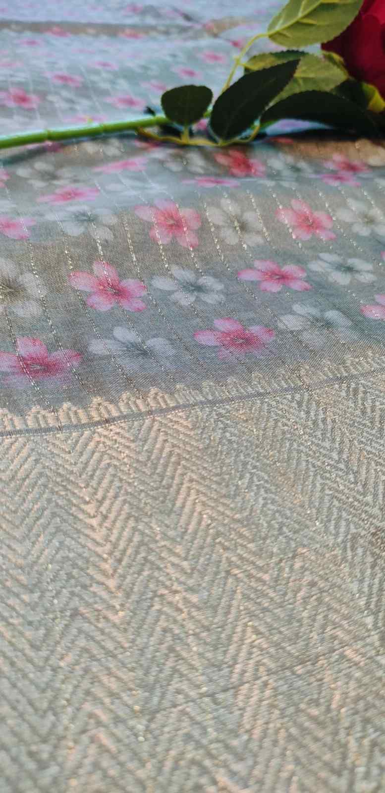 Grey Floral Print Saree For Women