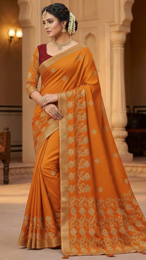 Woman in an orange saree with a gold border in an elegant indoor setting