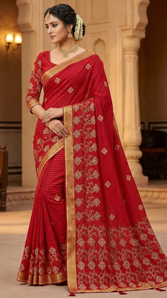 Woman wearing a red saree with gold patterns in an indoor setting