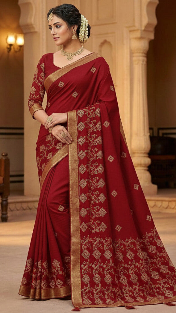 Woman in a wine saree with gold patterns standing in an elegant indoor setting.