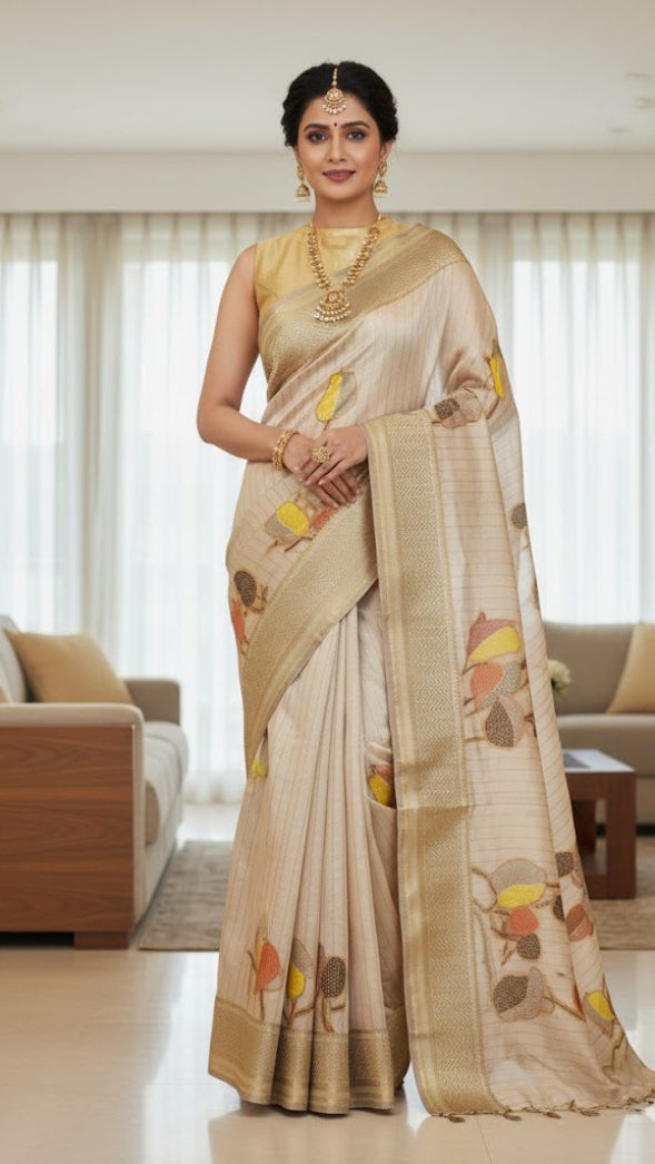 Woman in a beige saree with floral patterns in a modern living room.
