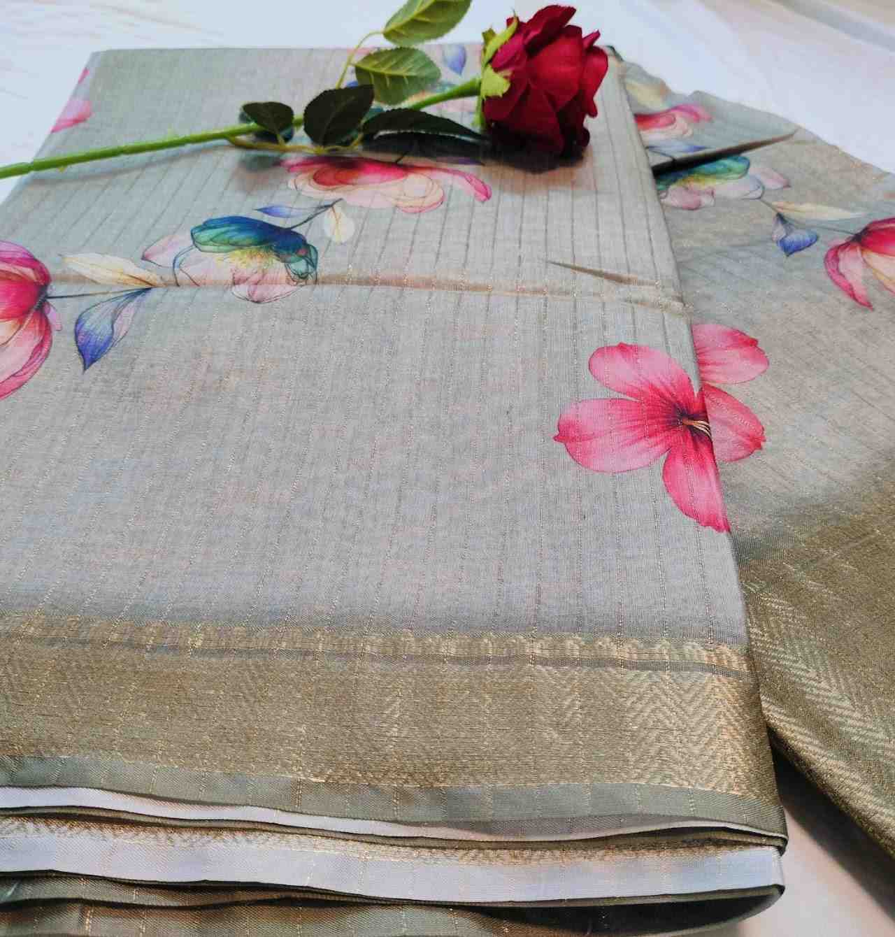 Grey Floral Print Saree For Women