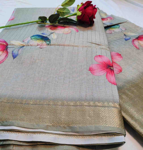 Grey Floral Print Saree For Women