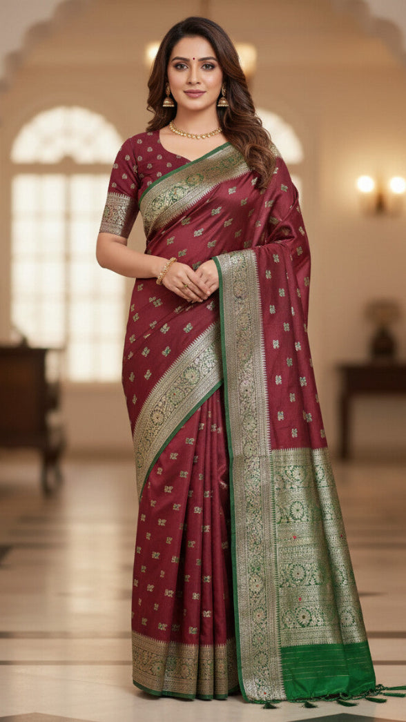 Wine Red Banarasi Silk Saree For Wedding